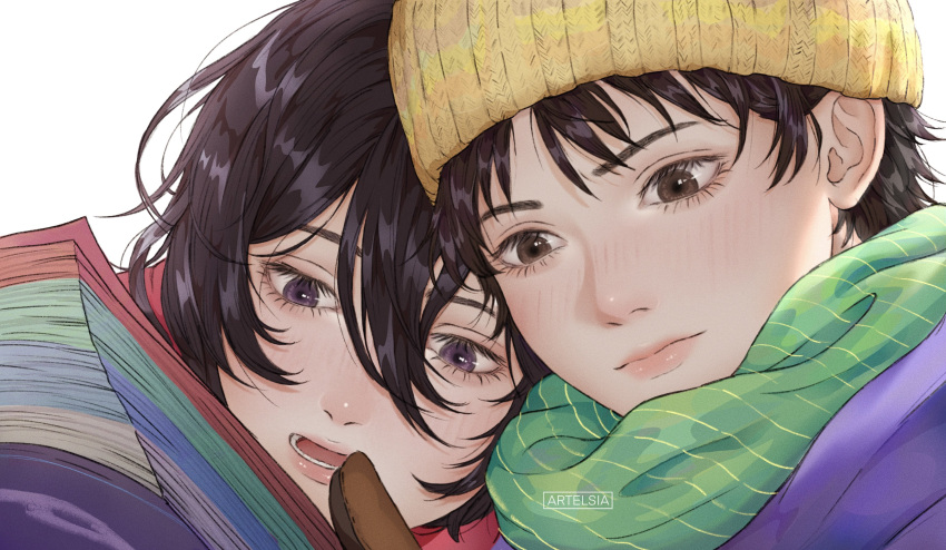 2girls, absurdres, artelsia, beanie, black_hair, blush, brown_gloves, brown_hair