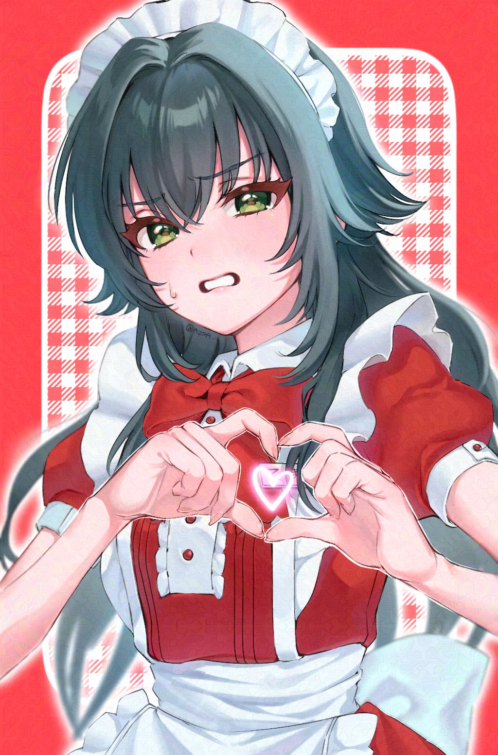1girl, 4-finger_heart_hands, alternate_costume, apron, border, bow, bowtie, dress, enmaided, fingernails, flower, frilled_apron, frills, gakuen_idolmaster, green_eyes, green_hair, hair_flower, hair_intakes, hair_ornament, hashtag-only_commentary, heart, heart_hands, heart_in_heart_hands, highres, idolmaster, long_hair, looking_at_viewer, maid, maid_apron, maid_headdress, nz99, plaid_background, puffy_short_sleeves, puffy_sleeves, red_border, red_bow, red_bowtie, red_dress, short_sleeves, solo, sweatdrop, tsukimura_temari, twitter_username, upper_body, very_long_hair, white_apron