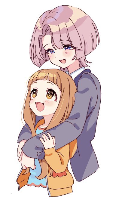 2girls, arimura_mao, black_jacket, blush, cropped_torso, euphoniummatsu, gakuen_idolmaster, hug