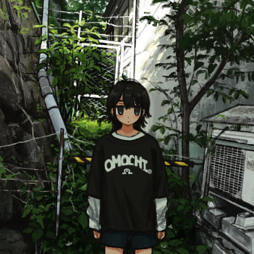 1girl, air_conditioner, barbed_wire, black_eyes, black_hair, black_shirt, building, chain-link_fence