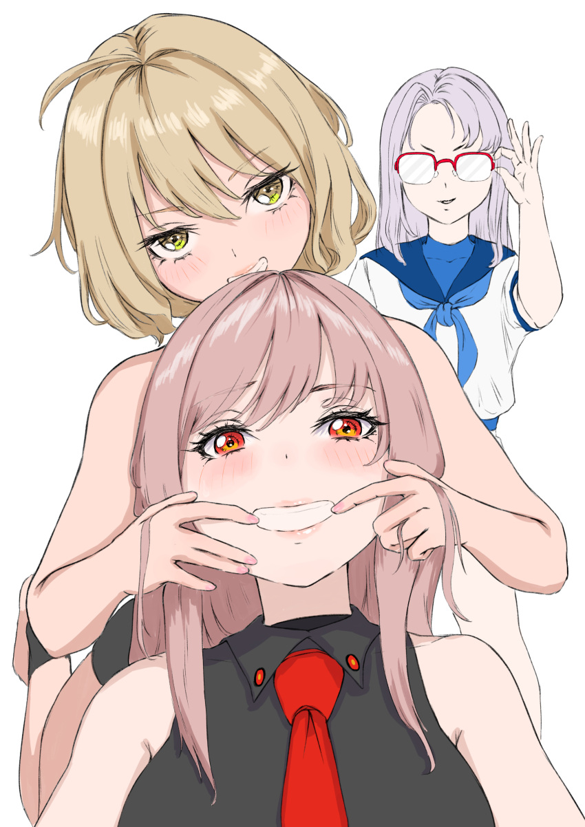 3girls, absurdres, ahoge, anis_(nikke), blush, breasts, brown_hair, cheek_pull, collared_leotard, counters_(nikke), fingersmile, forced_smile, glasses, goddess_of_victory:_nikke, grey_hair, hands_on_another's_face, highres, jacket, large_breasts, long_hair, looking_at_viewer, mouth_pull, multiple_girls, necktie, neon_(nikke), no_headwear, ramuneogura, rapi_(nikke), red_eyes, shirt, short_hair, sleeveless_leotard, smile, swimsuit