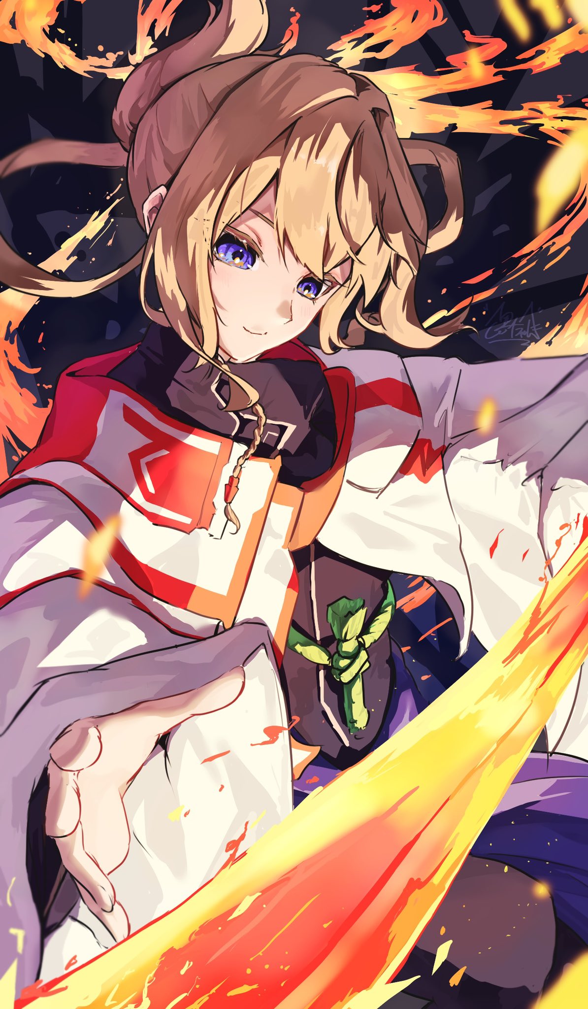 1girl, blue_eyes, braid, brown_hair, fire, flaming_sword, flaming_weapon, highres