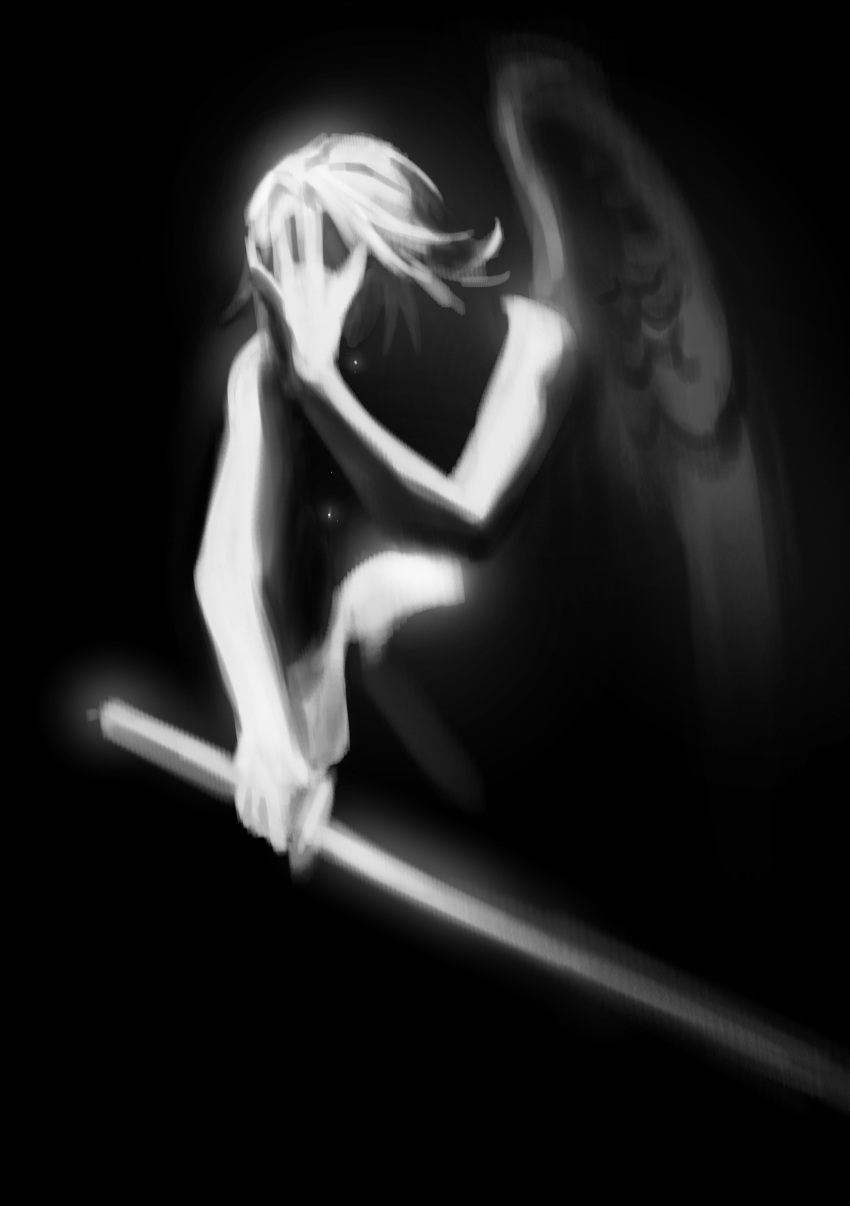 1boy, absurdres, black_background, blurry, chiaroscuro, commentary, covering_own_eyes, crying