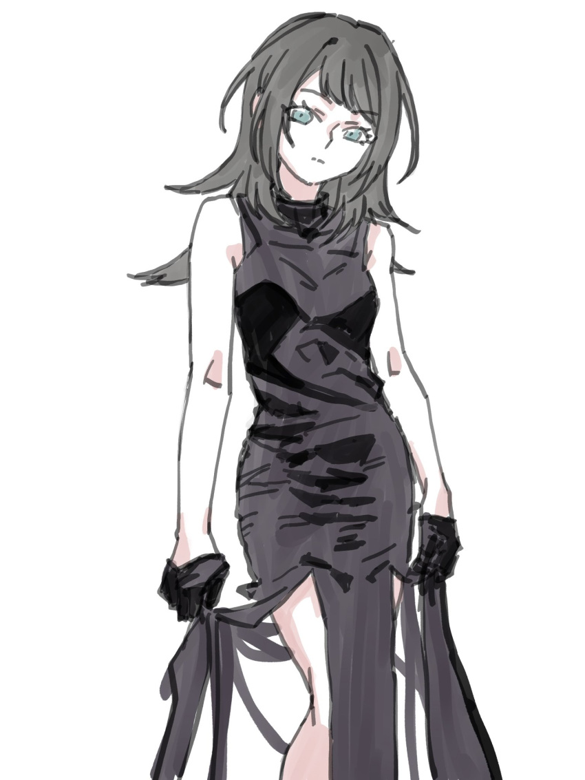 1girl, bang_dream!, bang_dream!_it's_mygo!!!!!, black_dress, black_gloves, black_hair, breasts, chinese_commentary, closed_mouth, commentary_request, dress, gloves, green_eyes, highres, long_hair, looking_at_viewer, medium_breasts, simple_background, sleeveless, sleeveless_dress, solo, tengukito, white_background, yahata_umiri