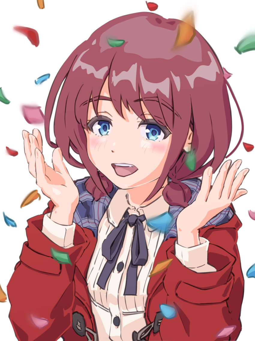 1girl, black_ribbon, blue_eyes, blush, collared_shirt, commentary_request, confetti, dress_shirt