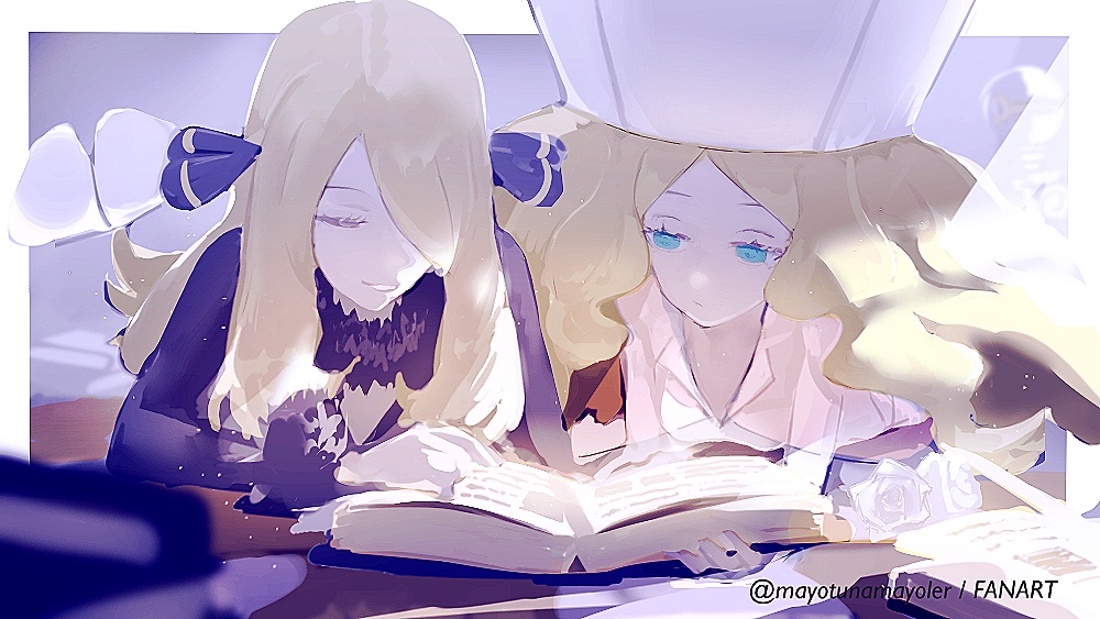 2girls, aqua_eyes, blonde_hair, book, caitlin_(pokemon), closed_eyes, coat, commentary, cynthia_(pokemon), fur_collar, hair_ornament, hair_over_one_eye, hat, holding, holding_book, large_hat, long_hair, long_sleeves, looking_down, mayotsunamayo, multiple_girls, parted_bangs, pokemon, pokemon_bw, pokemon_dppt, sidelocks, smile, white_hat