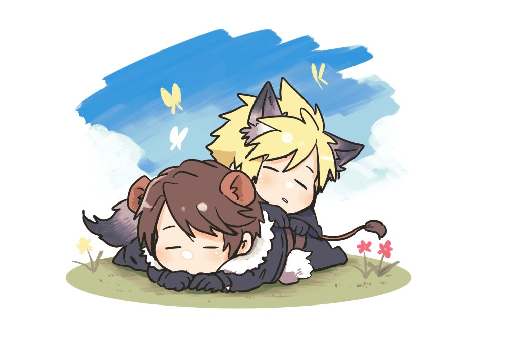 2boys, animal_ears, belt, black_footwear, black_gloves, black_jacket, black_pants, blonde_hair