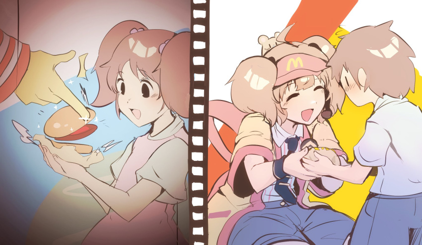 1girl, 2boys, :d, ^_^, age_comparison, ahoge, back_bow, black_shorts