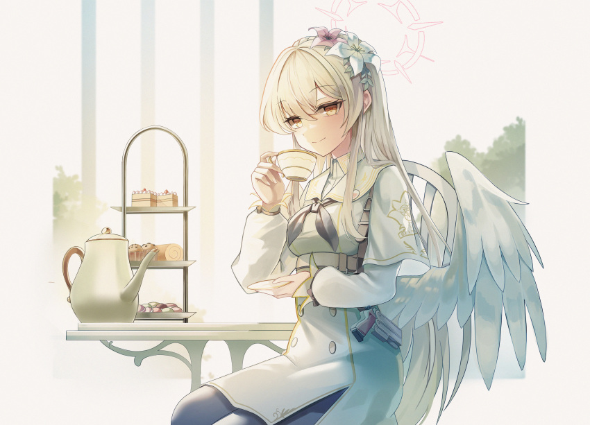1girl, absurdres, blue_archive, blush, brown_eyes, capelet, closed_mouth, commentary_request