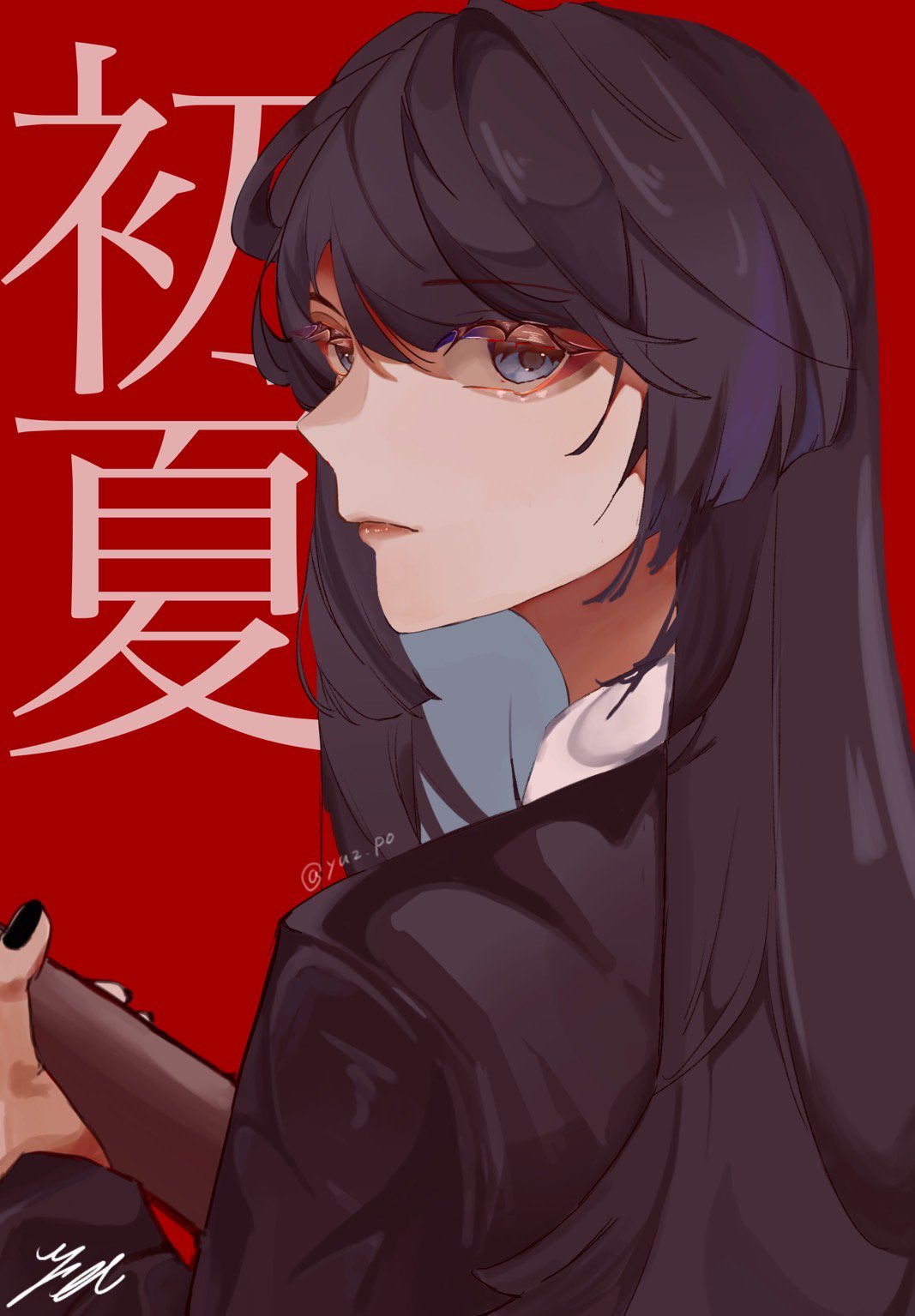 1girl, ado_(utaite), alt_text, black_hair, black_nails, blue_eyes, chando_(ado), closed_mouth, commentary, highres, long_hair, long_sleeves, looking_at_viewer, nail_polish, red_background, simple_background, solo, song_name, translated, upper_body, utaite, yuz_po16
