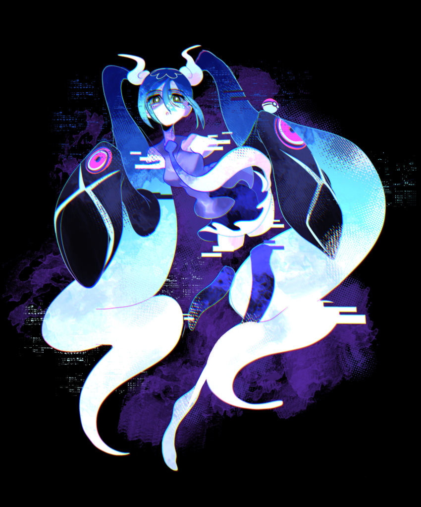 1girl, absurdres, black_sleeves, bright_pupils, chromatic_aberration, commentary, ghost_miku_(project_voltage), glitch