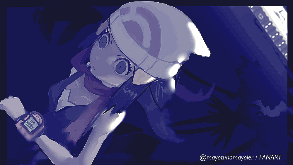 1girl, beanie, closed_mouth, commentary, constricted_pupils, darkrai, eyelashes, floating_hair