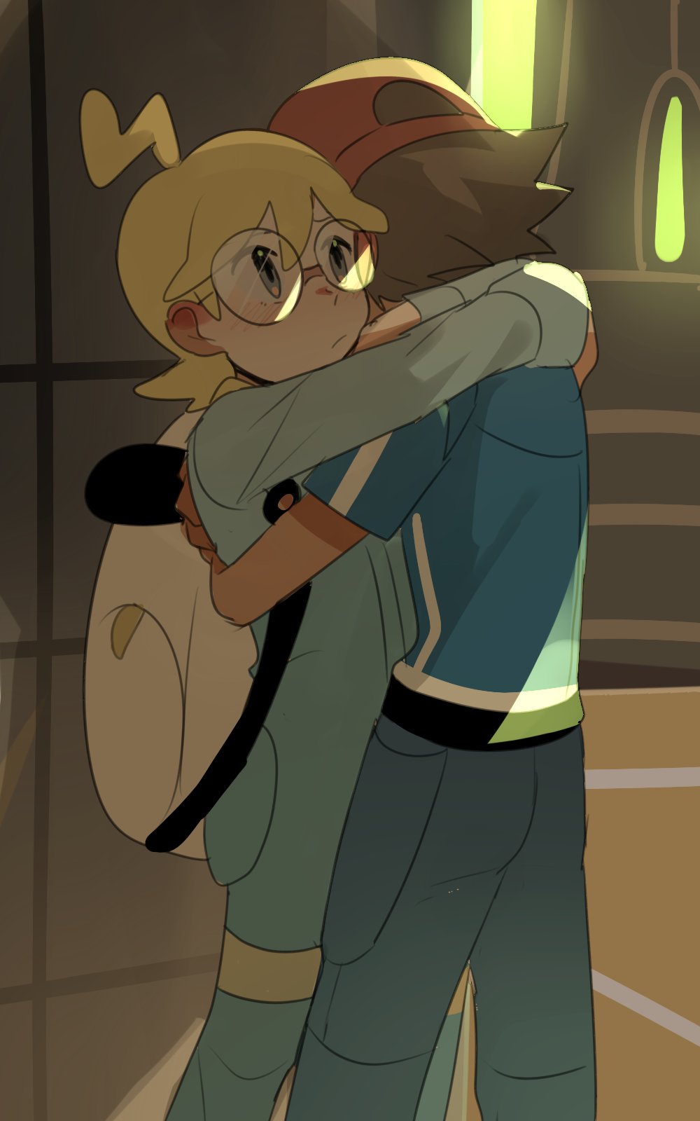 2boys, ahoge, ash_ketchum, backpack, bag, blonde_hair, blue_jacket, brown_hair