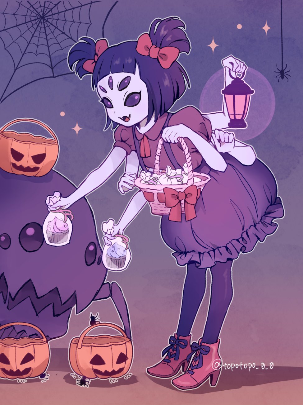 1girl, :d, arthropod_girl, artist_name, basket, bow, brown_footwear, bug