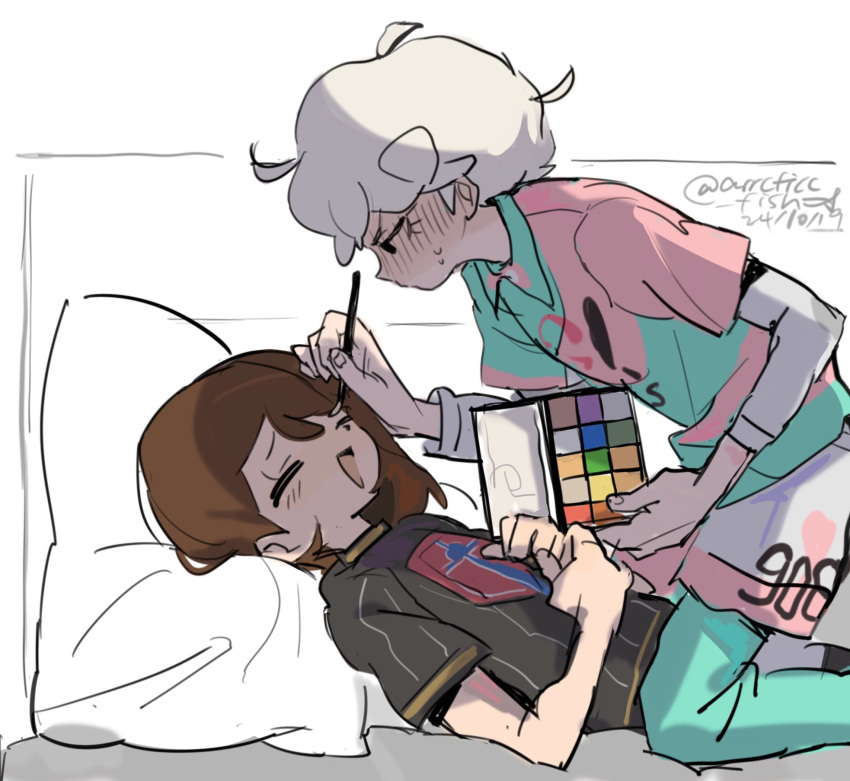 1boy, 1girl, :d, arrcticc_fish, bede_(pokemon), black_eyes, brown_hair, champion_uniform, closed_eyes, collared_shirt, commentary, cushion, dated, drawing_on_another's_face, from_side, gloria_(pokemon), highres, kneeling, leggings, lesbians_doing_makeup_(meme), looking_down, lying, medium_hair, meme, on_back, open_mouth, pink_shirt, pokemon, pokemon_swsh, print_shirt, shirt, short_sleeves, shorts, smile, sweat, twitter_username, undershirt