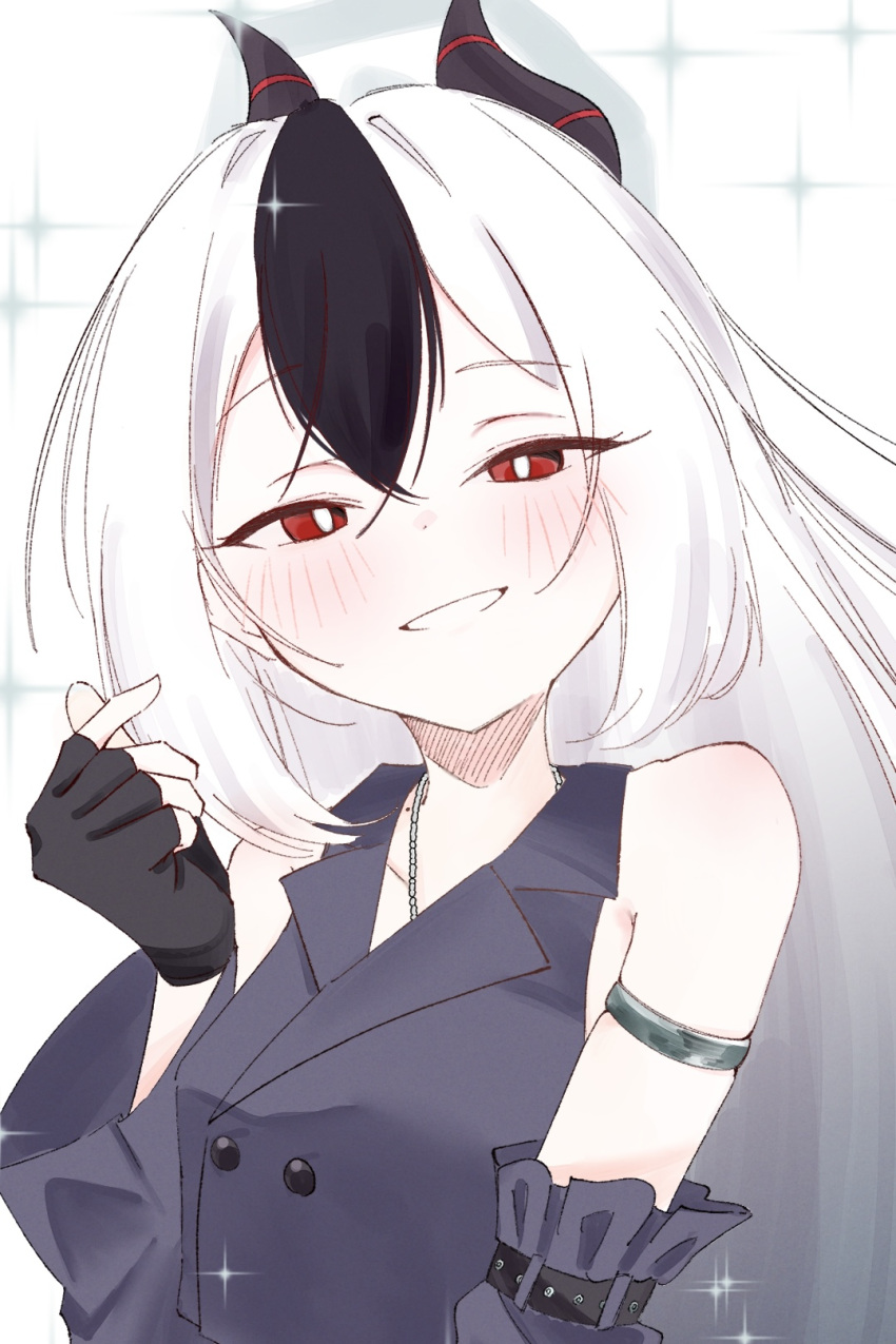 1girl, belt, black_horns, blue_archive, bright_pupils, demon_horns, finger_heart, grey_halo