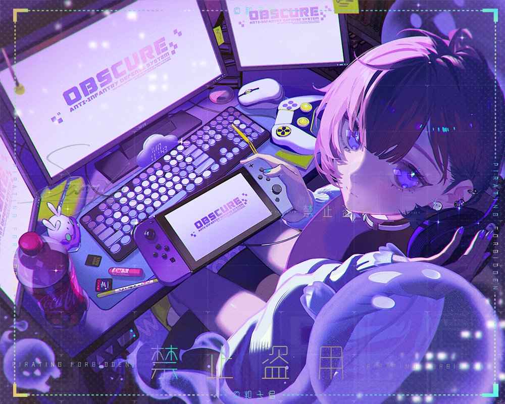 1girl, bottle, bubble, closed_mouth, computer, computer_keyboard, computer_mouse, ear_piercing, expressionless, eyelashes, headphones, hekouziran, holding, holding_headphones, indoors, long_sleeves, looking_at_viewer, monitor, nintendo_switch, original, pen, piercing, purple_hair, short_hair, sitting, solo, violet_eyes