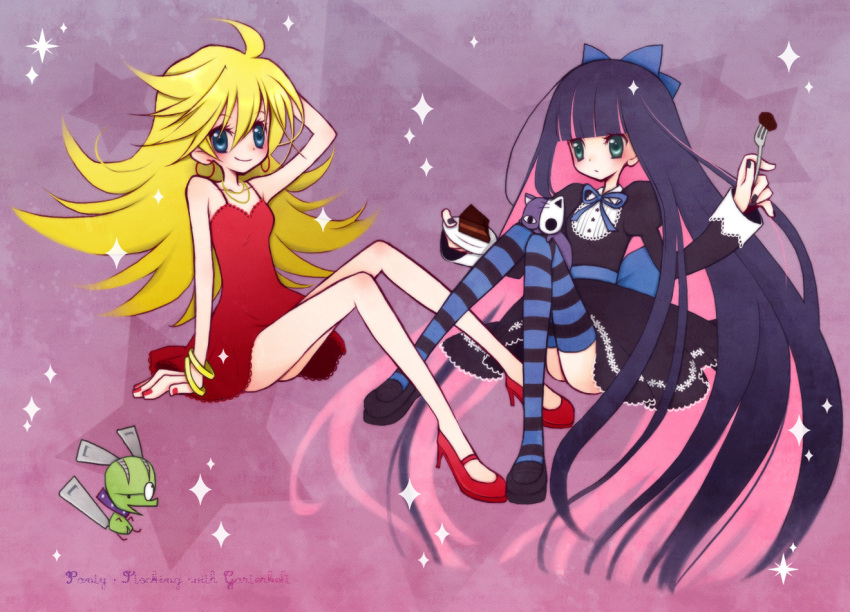 bad_id, black_dress, blonde_hair, bow, cake, chuck, chuck_(psg), dress