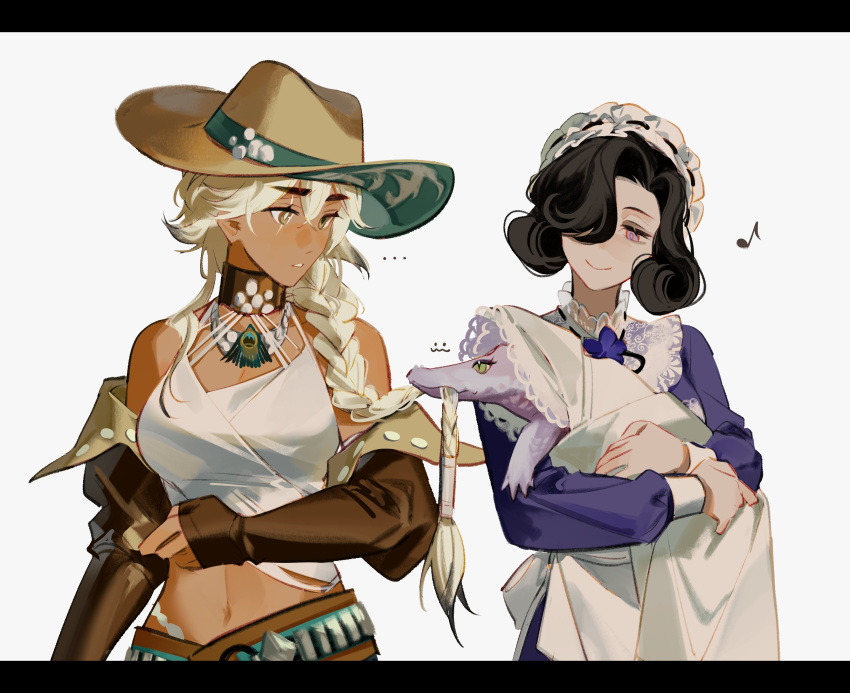 ..., 2girls, :o, absurdres, animal, animal_hug, argus_(reverse:1999), bare_shoulders