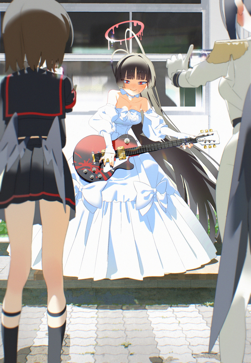 3girls, absurdres, ahoge, bare_shoulders, black_hair, black_nails, blue_archive, bm_tol