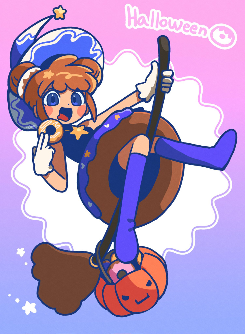1girl, :d, black_shirt, blue_eyes, blue_footwear, blush, boots, broom, broom_riding, brown_hair, commentary, doughnut, english_text, flying, food, food-themed_clothes, gloves, halloween, halloween_bucket, halloween_costume, hat, highres, holding, holding_doughnut, holding_food, idol_(rhythm_tengoku), jangbar_rhythm, looking_at_viewer, official_alternate_costume, open_mouth, pumpkin, rhythm_tengoku, rhythm_tengoku_the_best+, shirt, short_twintails, skirt, sleeveless, smile, star_(symbol), twintails, witch_hat