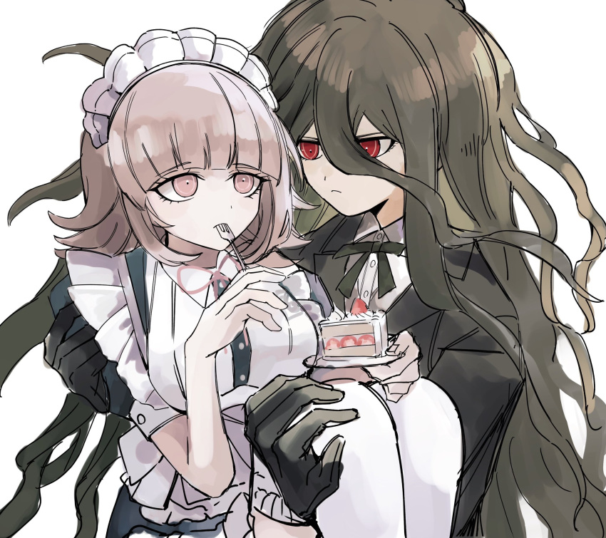 1boy, 1girl, alternate_hair_ornament, black_dress, breasts, brown_eyes, brown_hair, cake