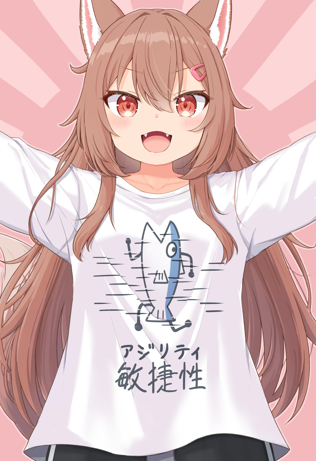 1girl, :d, animal_ears, animal_print, black_pants, brown_hair, fangs, fish_print