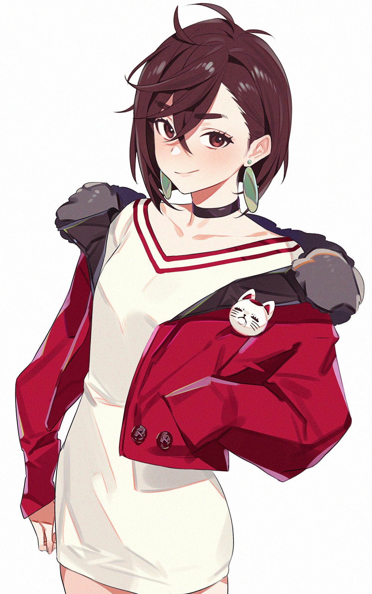 1girl, ayase_momo, black_choker, brown_eyes, brown_hair, choker, closed_mouth, dandadan