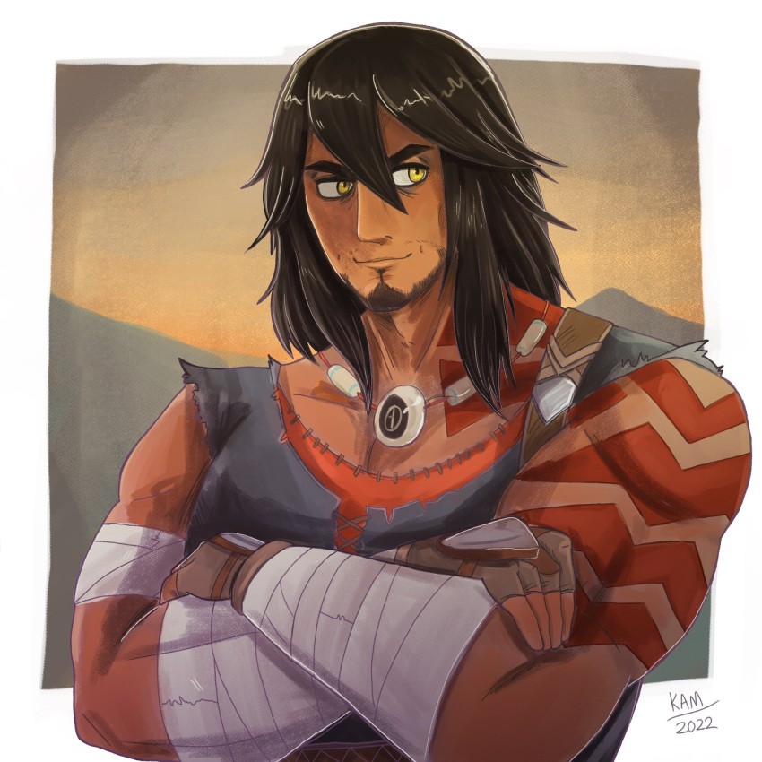 1boy, arm_tattoo, artist_name, beard, black_hair, closed_mouth, crossed_arms, dark-skinned_male