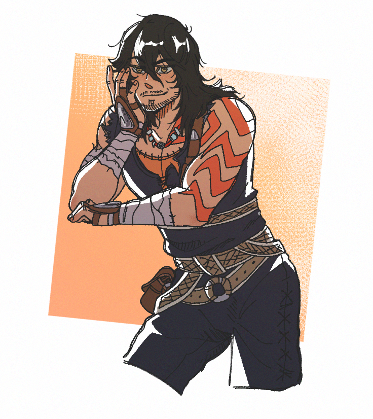 1boy, arm_tattoo, beard_stubble, belt, belt_pouch, black_hair, brown_belt, chatdy