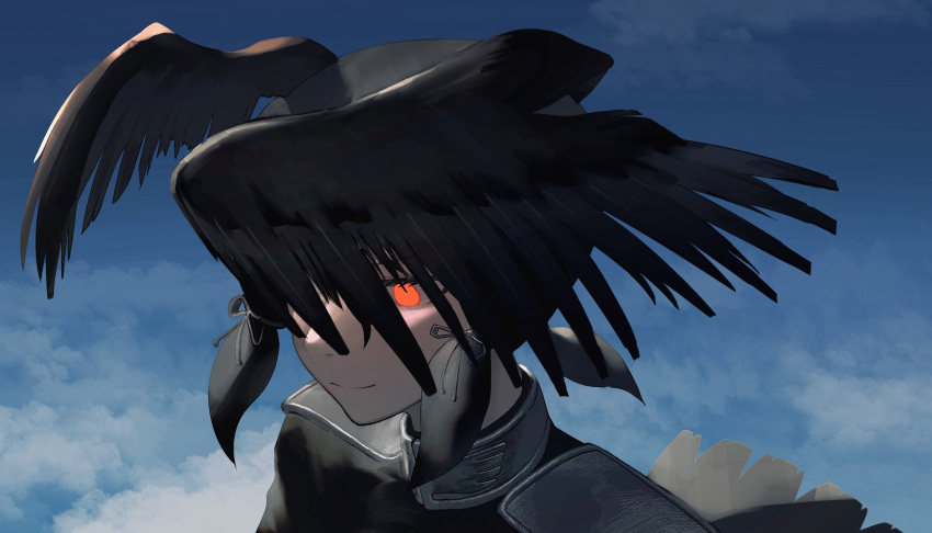 1girl, bird_girl, bird_tail, bird_wings, black_hair, clouds, cloudy_sky, commentary