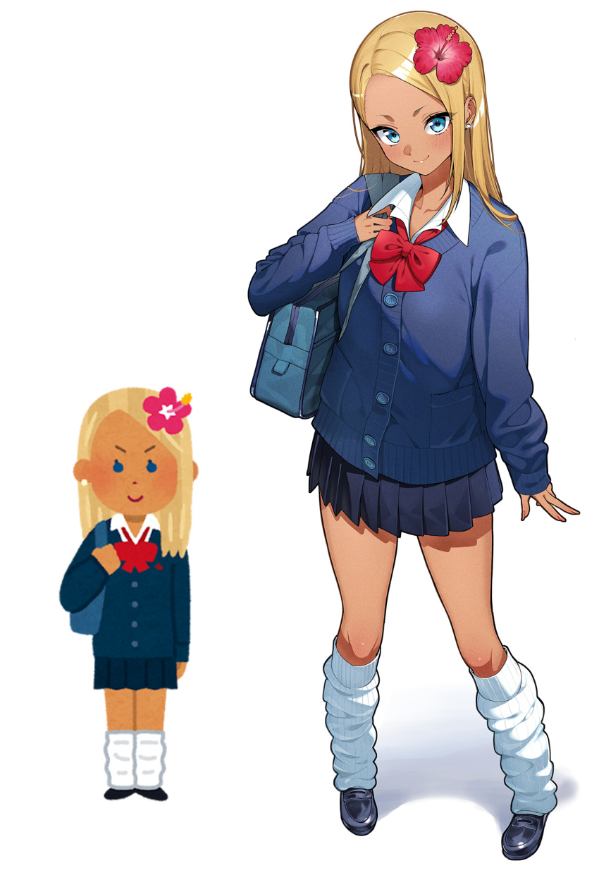 1girl, asymmetrical_bangs, bag, black_footwear, black_skirt, blonde_hair, blue_cardigan, blue_eyes