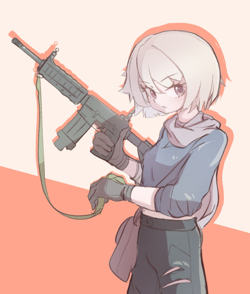 1girl, assault_rifle, black_gloves, black_pants, blue_shirt, breasts, cropped_legs, delta_force_(video_game), gloves, grey_eyes, grey_scarf, gun, gun_sling, hair_between_eyes, hanssss, highres, holding, holding_gun, holding_weapon, looking_at_viewer, looking_to_the_side, m4_carbine, medium_hair, midriff, navel, orange_background, pants, parted_bangs, rifle, scarf, shirt, short_sleeves, simple_background, small_breasts, swept_bangs, torn_clothes, torn_pants, trigger_discipline, two-tone_background, weapon, white_background, white_hair, xiaowen_mai_(delta_force)