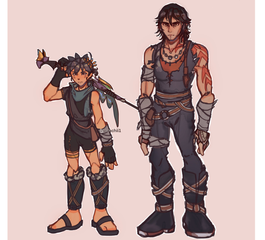 2boys, ahoge, alternate_costume, arm_tattoo, arm_up, artist_name, belt, bike_shorts