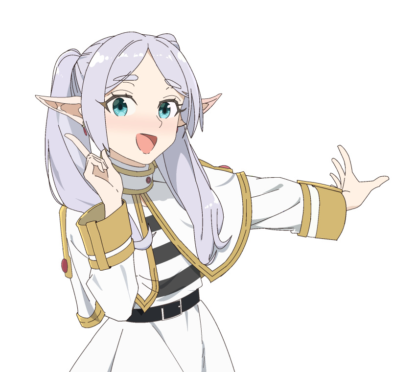 1girl, animated, animated_png, belt, black_belt, capelet, derivative_work, elf, frieren, green_eyes, grey_hair, highres, hoshino_ruby_dance, index_finger_raised, iqbqlz, long_hair, masban, open_mouth, outstretched_arm, pointy_ears, shirt, simple_background, skirt, solo, sousou_no_frieren, striped_clothes, striped_shirt, third-party_edit, transparent_background, twintails, white_capelet, white_skirt