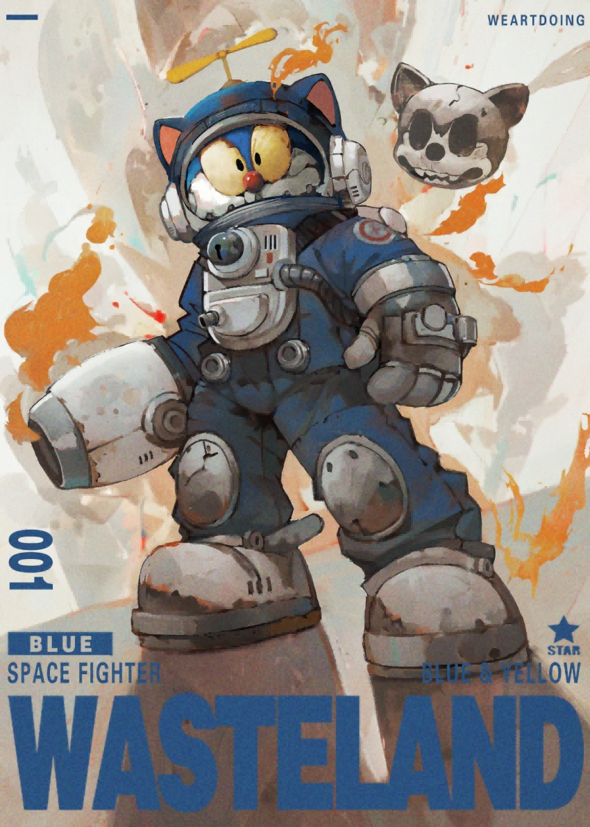 animal, arm_cannon, artist_name, belt, belt_buckle, black_gloves, blue_cat, buckle, chinese_commentary, clothed_animal, commentary_request, doraemon, doraemon_(character), ears_through_headwear, english_text, fingerless_gloves, fire, footwear_bell, gloves, grey_belt, helmet, highres, knee_pads, no_humans, poster_(medium), red_nose, robot, science_fiction, shadow, shoes, space_helmet, spacesuit, standing, star_(symbol), weapon, weartdoing, white_background, white_footwear