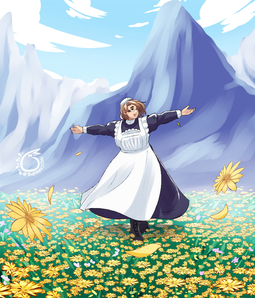 1girl, apron, artist_name, artstation_username, black_dress, black_footwear, brown_eyes, brown_hair, day, dress, english_commentary, field, flower, flower_field, glasses, hat, highres, long_sleeves, maid, maid_apron, medium_hair, mob_cap, mountain, original, outdoors, petals, solo, standing, suupakuu, the_sound_of_music, thick_eyebrows