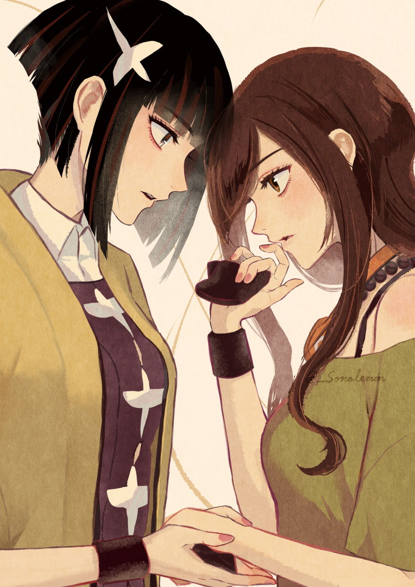 2girls, absurdres, artist_name, bare_shoulders, bead_necklace, beads, black_hair, black_shirt