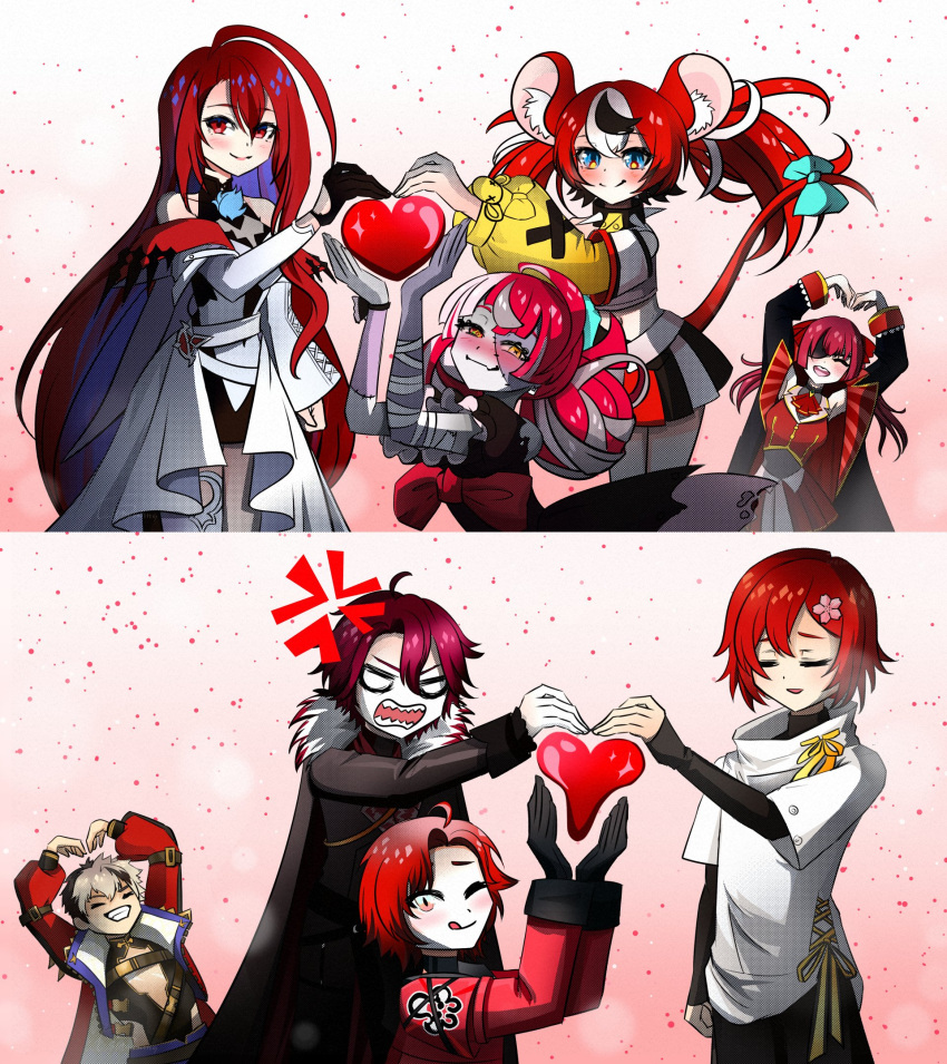 4boys, 4girls, ahoge, anger_vein, animal_ears, black_coat, blush, coat, collar, crimzon_ruze, double_bun, elizabeth_rose_bloodflame, elizabeth_rose_bloodflame_(1st_costume), eyepatch, grin, hair_bun, hakos_baelz, hakos_baelz_(1st_costume), hanasaki_miyabi, hanasaki_miyabi_(1st_costume), heart, heart_hands, heart_hands_trio, heart_to_penis_(meme), highres, hololive, hololive_english, hololive_indonesia, holostars, holostars_english, houshou_marine, houshou_marine_(1st_costume), jurard_t_rexford, kureiji_ollie, kureiji_ollie_(1st_costume), long_hair, machina_x_flayon, machina_x_flayon_(1st_costume), meme, mouse_ears, mouse_tail, multiple_boys, multiple_girls, one_eye_closed, red_coat, red_theme, smile, spiked_collar, spikes, stitches, tail, tongue, tongue_out, tsukidraws, twintails, virtual_youtuber