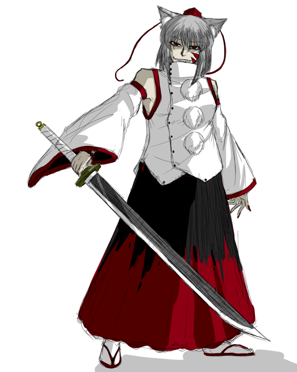 alternate_weapon, animal_ear_fluff, animal_ears, black_skirt, detached_sleeves, full_body, grey_hair, hat