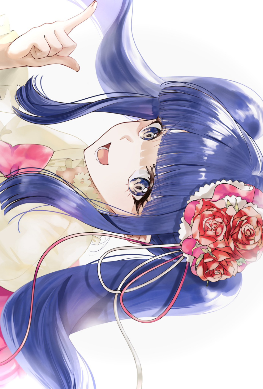 1girl, blouse, blue_eyes, blue_hair, blunt_bangs, blunt_ends, bow, choker