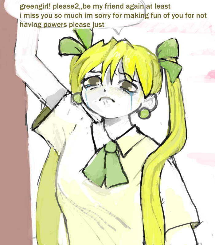 8eyes, arm_up, blonde_hair, bow, colored_skin, crying, crying_with_eyes_open, earrings