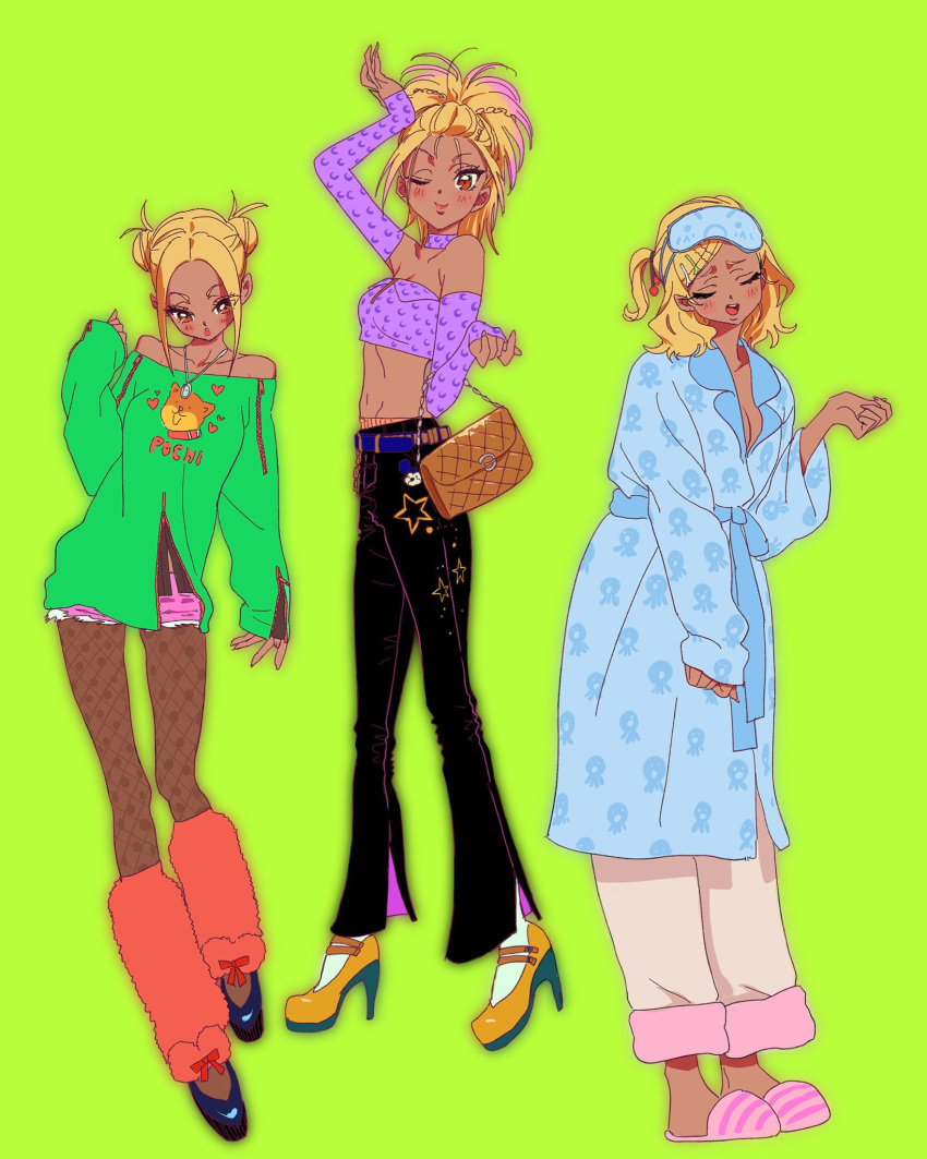 1girl, arm_up, bare_shoulders, bell-bottoms, belt, black_pants, black_pantyhose, blonde_hair