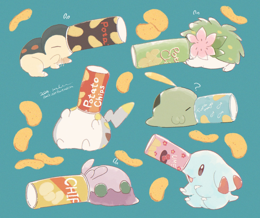 ?, blue_background, brown_eyes, chips_(food), closed_eyes, cyndaquil, dated, flower