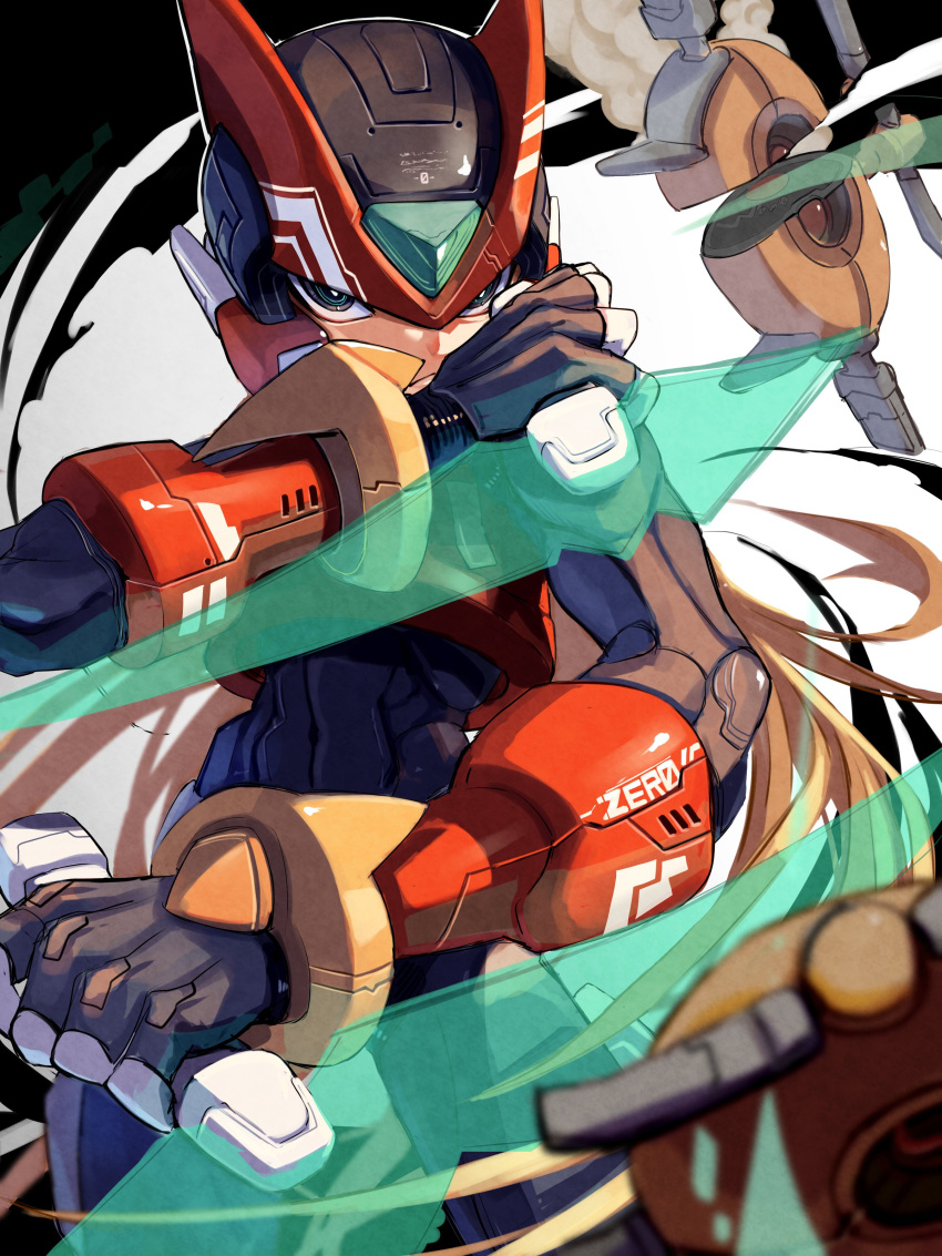 1boy, absurdres, android, armor, bladed_tonfa, blonde_hair, blue_eyes, energy_blade
