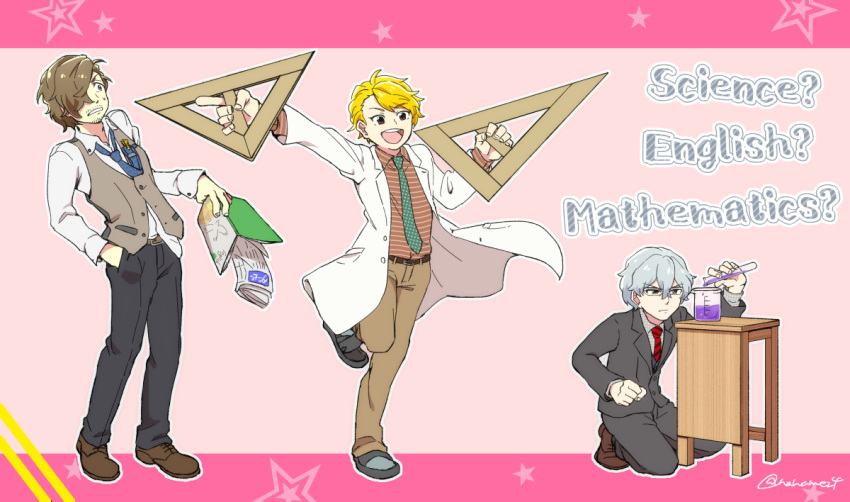 3boys, atataizumi, belt, blonde_hair, book, brown_hair, buttons, collared_shirt