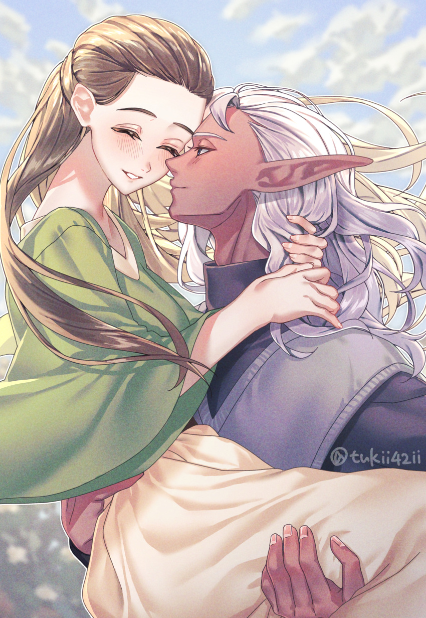 1boy, 1girl, absurdres, black_sweater, blush, brown_hair, carrying, closed_eyes, closed_mouth, commentary_request, couple, dark-skinned_male, dark_elf, dark_skin, elf, elina_(unicorn_overlord), fingernails, floating_hair, green_shirt, grin, hetero, highres, ithilion_(unicorn_overlord), long_hair, looking_at_another, pointy_ears, princess_carry, profile, purple_vest, shirt, skirt, smile, sweater, tuki42ii, turtleneck, turtleneck_sweater, twitter_username, unicorn_overlord, vest, white_hair, wide_sleeves, yellow_skirt
