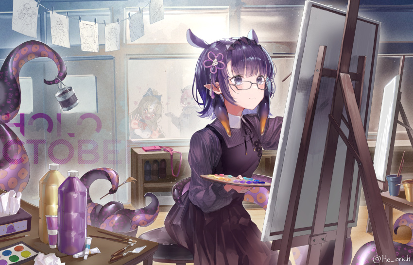 3girls, absurdres, against_glass, art_room, black-framed_eyewear, black_dress, black_ribbon, blush