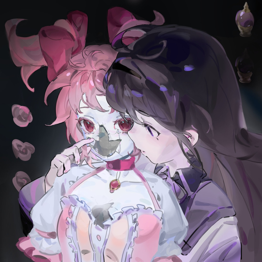 2girls, akemi_homura, akemi_homura_(magical_girl), black_hair, black_hairband, bow, choker, commentary, dress, english_commentary, frilled_dress, frills, hair_bow, hairband, highres, kaname_madoka, kaname_madoka_(magical_girl), krabiccus, long_hair, madra_(album), mahou_shoujo_madoka_magica, mahou_shoujo_madoka_magica_(anime), multiple_girls, pink_dress, pink_eyes, pink_hair, portrait, red_bow, red_choker, soul_gem, twintails