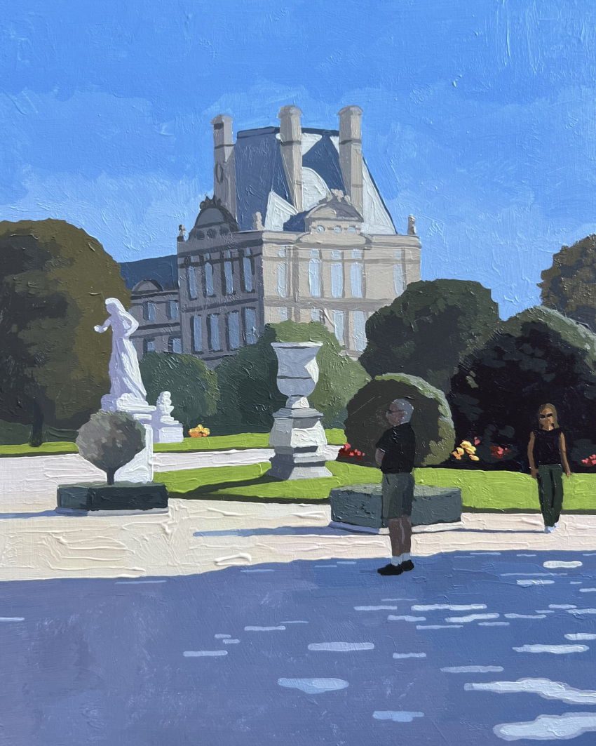 1boy, 1girl, absurdres, black_shirt, blue_sky, brown_hair, building, bush, day, english_commentary, grey_hair, grey_shorts, highres, leah_gardner, oil_painting_(medium), original, outdoors, painting_(medium), real_world_location, shade, shirt, shorts, sky, statue, sunglasses, traditional_media, tree